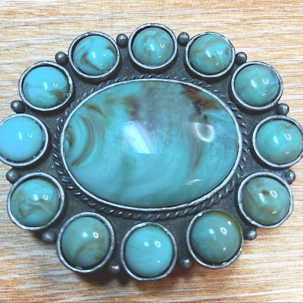 Kingsman Turquoise Bezeled Circular Cluster Rope Design Navajo Belt Slide.